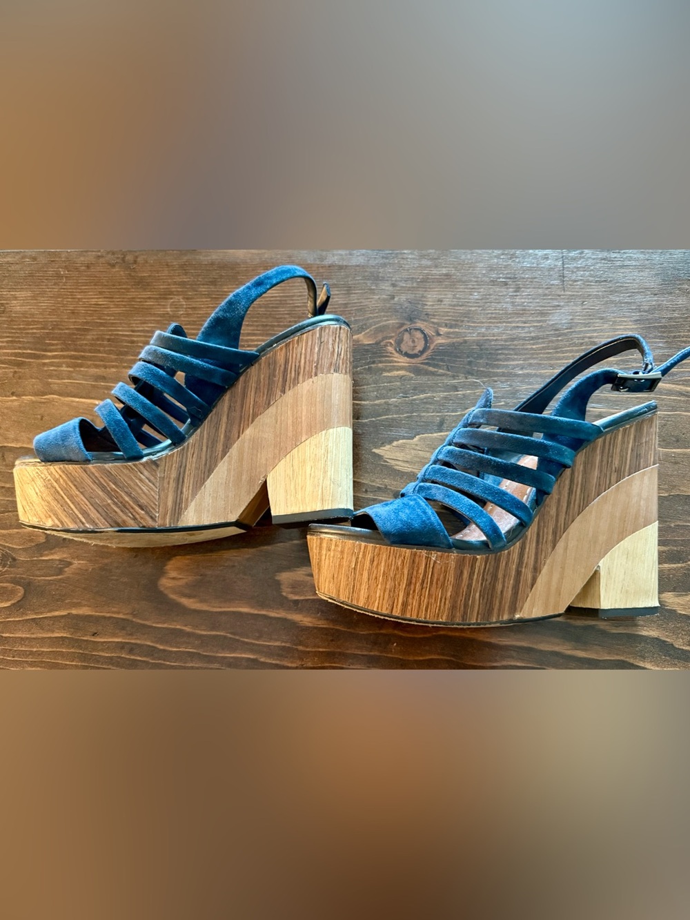 Vince Camuto Navy Suede Multi-Strap Wood-Effect Platform Wedges